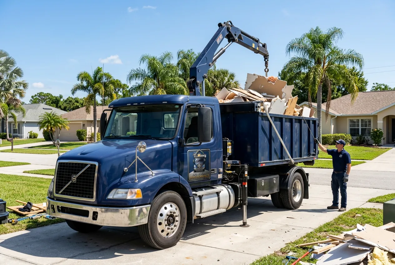 Orlando Junk Removals branded navy blue crane truck loading debris in a Florida driveway